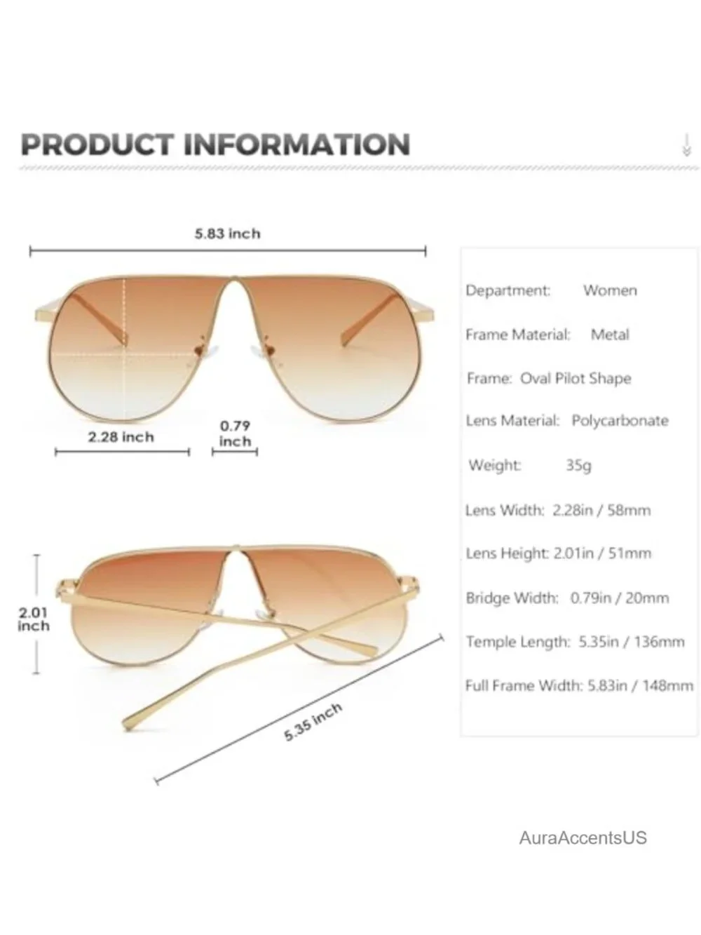 Oversized Aviator Sunglasses Gold Metal UV400 Pilot
